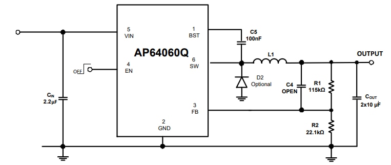 应用电路图 - Diodes Incorporated AP64060Q同步降压式转换器
